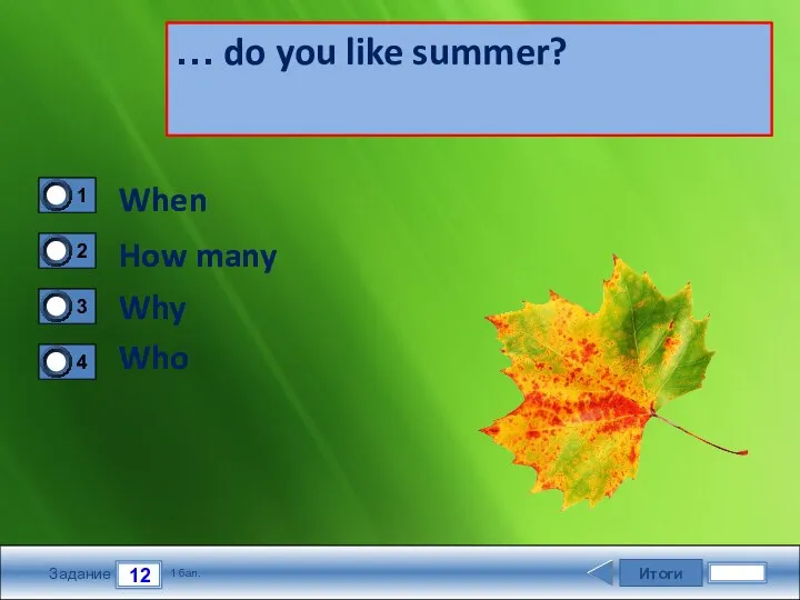 Итоги 12 Задание 1 бал. … do you like summer? When How many Why Who
