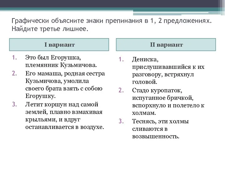 Графически объясните знаки препинания в 1, 2 предложениях. Найдите третье лишнее. I