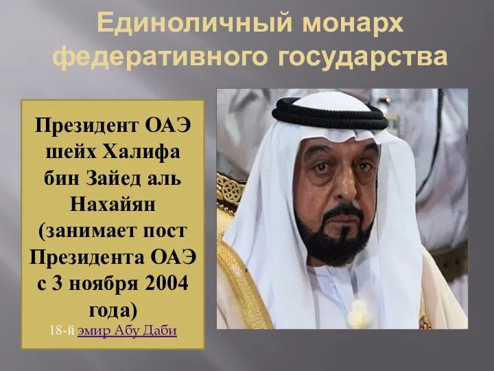 Единоличный монарх федеративного государства Президент ОАЭ шейх Халифа бин Зайед аль Нахайян