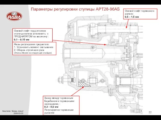 Осевой люфт подшипников ступицы колеса установить c ПРЕДНАТЯГОМ на величину : 0,1