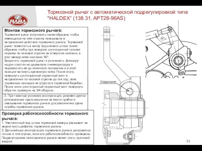 Проверка работоспособности тормозного рычага: 1. Увеличенный ход штока тормозной камеры указывает на