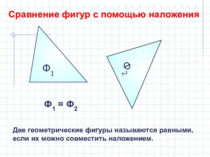 Ф1 Сравнение фигур с помощью наложения Ф2 Ф2 Ф1 = Ф2 Две