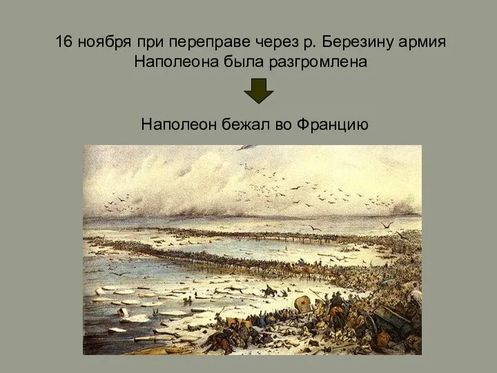 16 ноября при переправе через р. Березину армия Наполеона была разгромлена Наполеон бежал во Францию