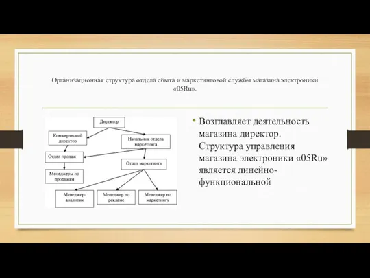 Организационная структура отдела сбыта и маркетинговой службы магазина электроники «05Ru». Возглавляет деятельность