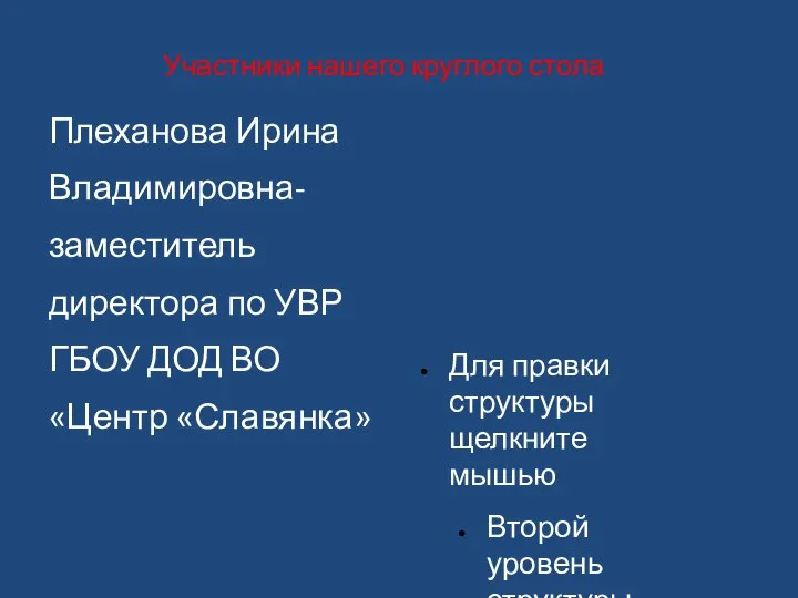 Участники нашего круглого стола Плеханова Ирина Владимировна- заместитель директора по УВР ГБОУ ДОД ВО «Центр «Славянка»