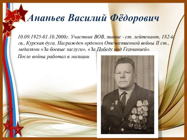 Ананьев Василий Фёдорович 10.09.1925-01.10.2000г. Участник ВОВ, звание - ст. лейтенант, 182-й гв.,