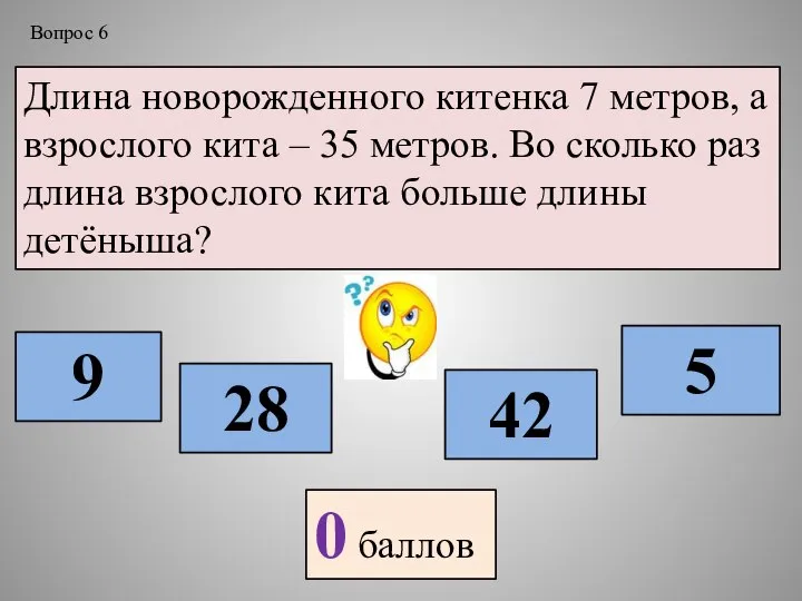 Длина новорожденного китенка 7 метров, а взрослого кита – 35 метров. Во