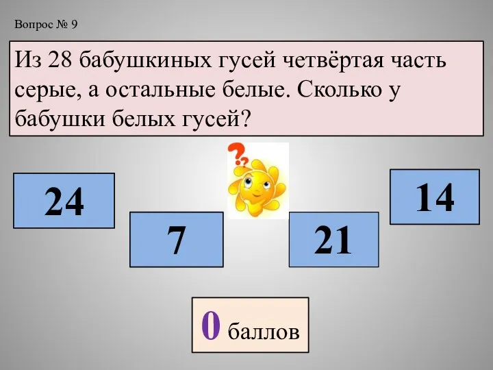 Вопрос № 9 Из 28 бабушкиных гусей четвёртая часть серые, а остальные