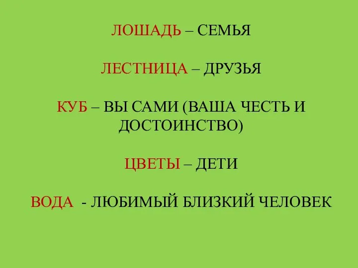 ЛОШАДЬ – СЕМЬЯ ЛЕСТНИЦА – ДРУЗЬЯ КУБ – ВЫ САМИ (ВАША ЧЕСТЬ