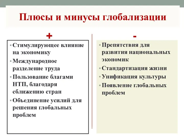 Плюсы и минусы глобализации + Стимулирующее влияние на экономику Международное разделение труда