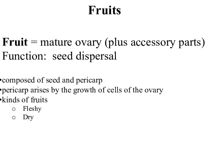 Fruits Fruit = mature ovary (plus accessory parts) Function: seed dispersal composed