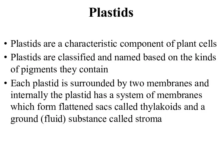 Plastids Plastids are a characteristic component of plant cells Plastids are classified