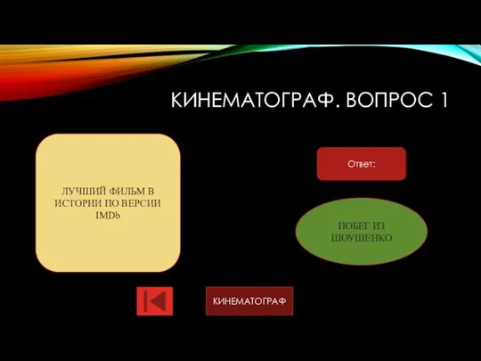 КИНЕМАТОГРАФ. ВОПРОС 1 Ответ: ЛУЧШИЙ ФИЛЬМ В ИСТОРИИ ПО ВЕРСИИ IMDb ПОБЕГ ИЗ ШОУШЕНКО КИНЕМАТОГРАФ