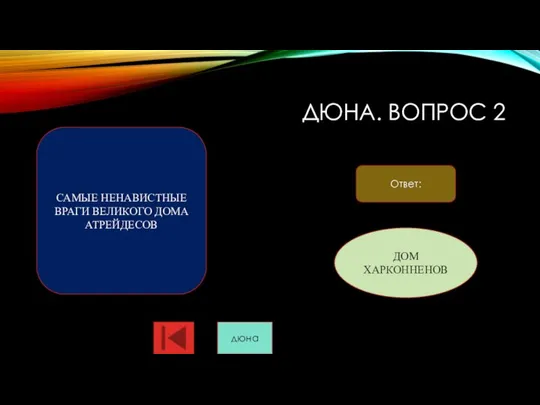 ДЮНА. ВОПРОС 2 Ответ: САМЫЕ НЕНАВИСТНЫЕ ВРАГИ ВЕЛИКОГО ДОМА АТРЕЙДЕСОВ ДОМ ХАРКОННЕНОВ дюна