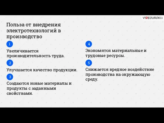 Польза от внедрения электротехнологий в производство Увеличивается производительность труда. 1 Улучшается качество