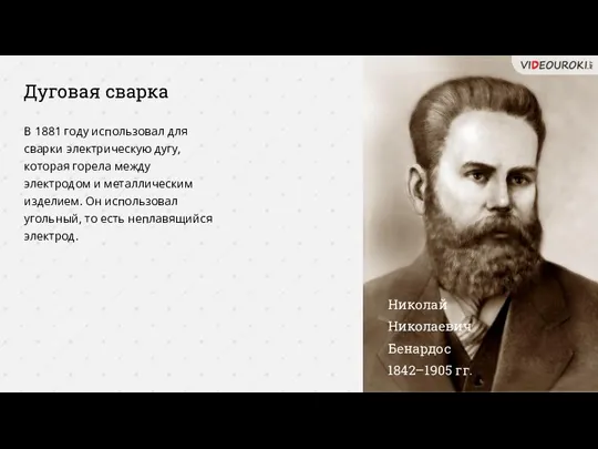 Дуговая сварка Николай Николаевич Бенардос 1842–1905 гг. В 1881 году использовал для