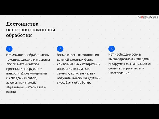 Достоинства электроэрозионной обработки Возможность обрабатывать токопроводящие материалы любой механической прочности, твёрдости и