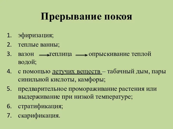 Прерывание покоя эфиризация; теплые ванны; вазон теплица опрыскивание теплой водой; с помощью