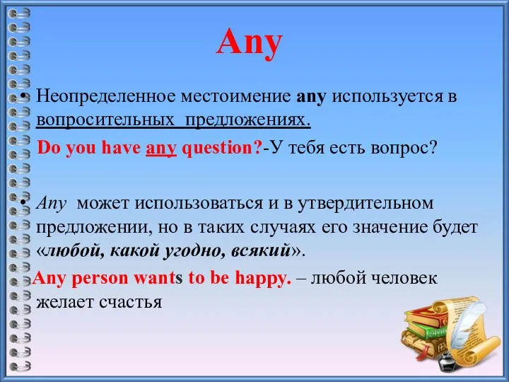 Неопределенное местоимение any используется в вопросительных предложениях. Do you have any question?-У