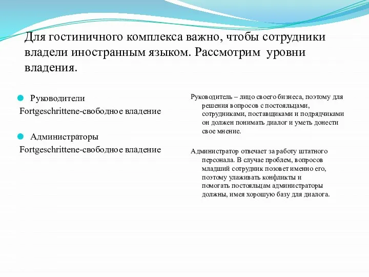 Для гостиничного комплекса важно, чтобы сотрудники владели иностранным языком. Рассмотрим уровни владения.