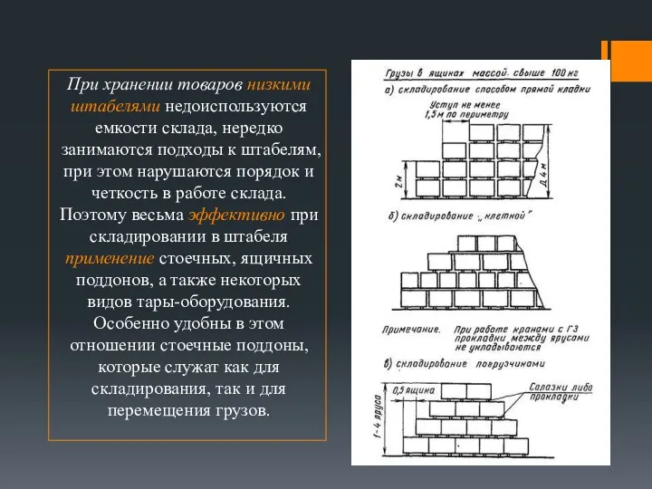 При хранении товаров низкими штабелями недоиспользуются емкости склада, нередко занимаются подходы к