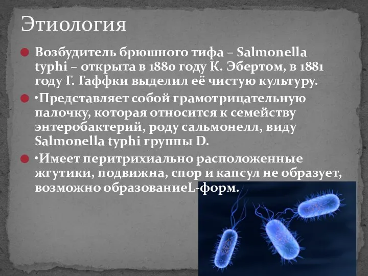 Возбудитель брюшного тифа – Salmonella typhi – открыта в 1880 году К.