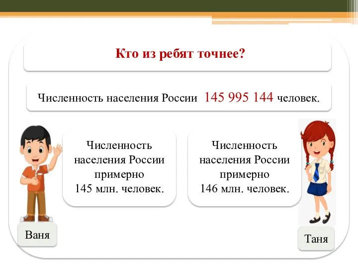 Кто из ребят точнее? Численность населения России 145 995 144 человек. Ваня