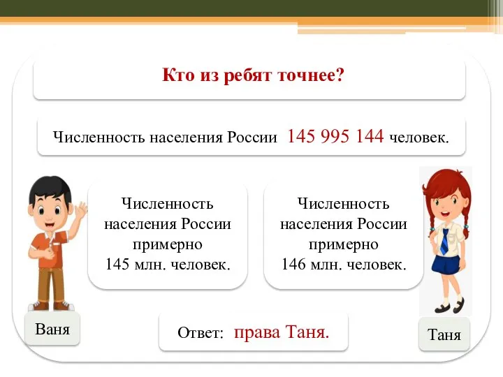 Кто из ребят точнее? Численность населения России 145 995 144 человек. Ваня