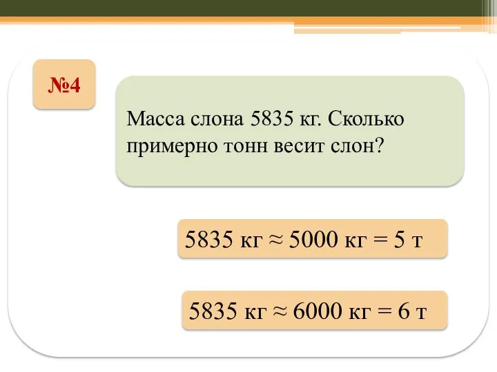 №4 5835 кг ≈ 5000 кг = 5 т Масса слона 5835