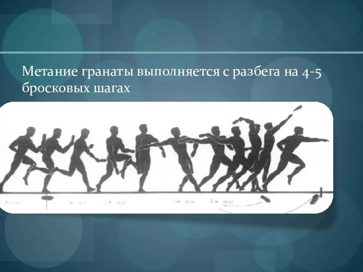 Метание гранаты выполняется с разбега на 4-5 бросковых шагах