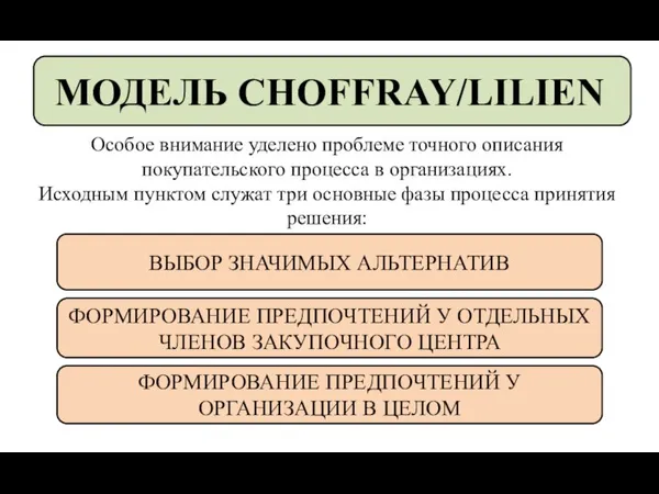 ВЫБОР ЗНАЧИМЫХ АЛЬТЕРНАТИВ МОДЕЛЬ CHOFFRAY/LILIEN Особое внимание уделено проблеме точного описания покупательского