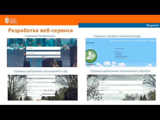 Разработка веб-сервиса Страница Авторизации Страница профиля администратора Страница добавления пользователя в БД