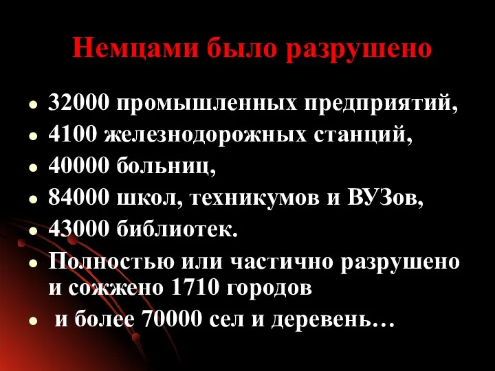 Немцами было разрушено 32000 промышленных предприятий, 4100 железнодорожных станций, 40000 больниц, 84000