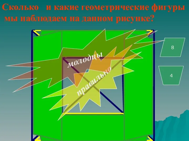 Сколько и какие геометрические фигуры мы наблюдаем на данном рисунке? 8 правильно правильно молодцы