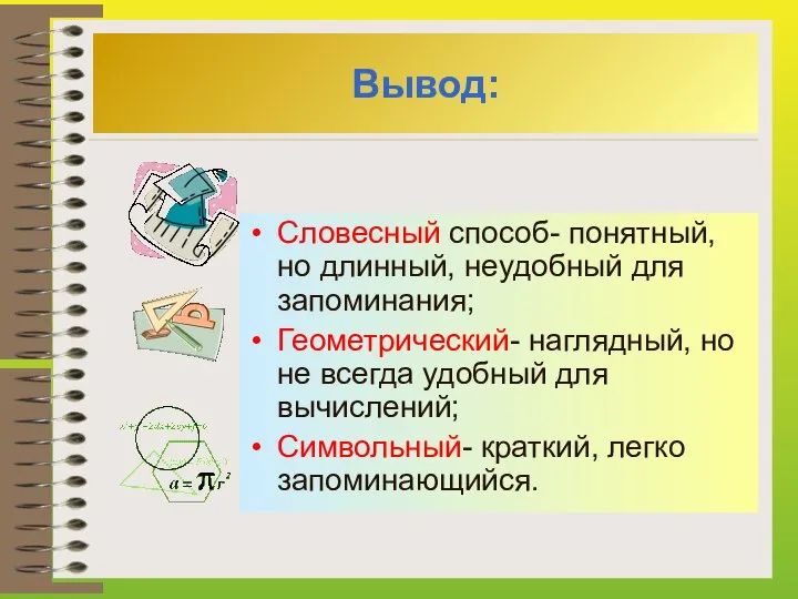 Вывод: Словесный способ- понятный, но длинный, неудобный для запоминания; Геометрический- наглядный, но