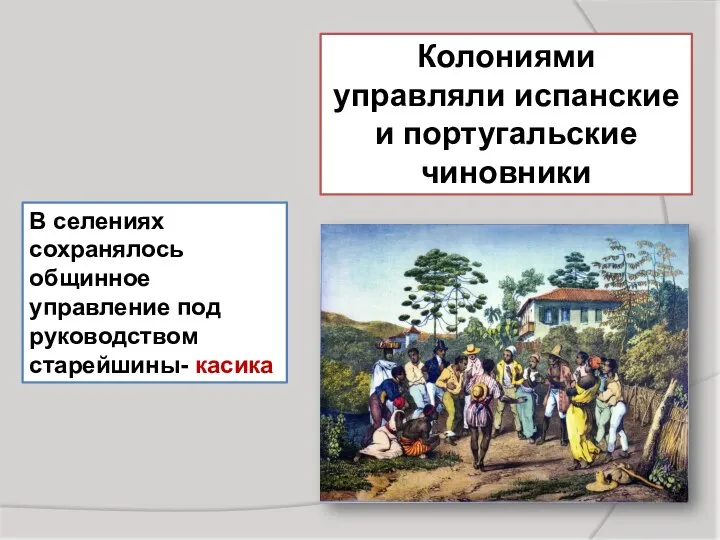 Колониями управляли испанские и португальские чиновники В селениях сохранялось общинное управление под руководством старейшины- касика