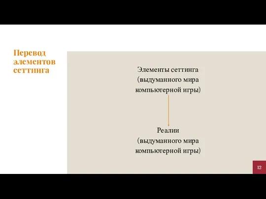 Перевод элементов сеттинга Элементы сеттинга (выдуманного мира компьютерной игры) Реалии (выдуманного мира компьютерной игры)