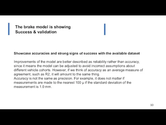 The brake model is showing Success & validation Showcase accuracies and strong