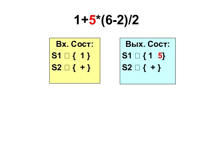 1+5*(6-2)/2 Вх. Сост: S1 ? { 1 } S2 ? { +