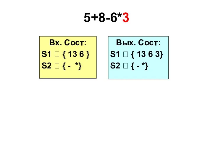 5+8-6*3 Вх. Сост: S1 ? { 13 6 } S2 ? {