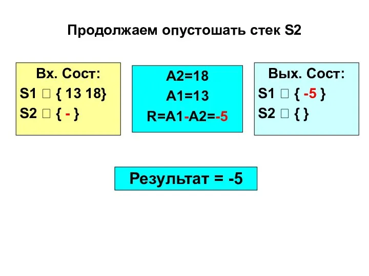 Продолжаем опустошать стек S2 Вх. Сост: S1 ? { 13 18} S2