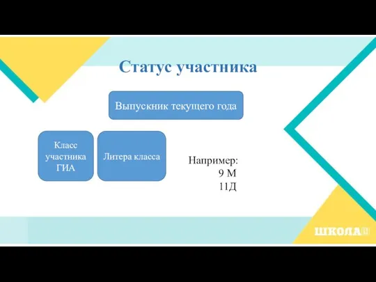 Статус участника Выпускник текущего года Класс участника ГИА Литера класса Например: 9 М 11Д