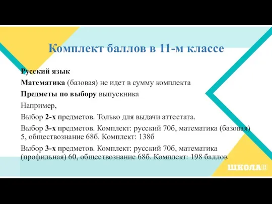 Комплект баллов в 11-м классе Русский язык Математика (базовая) не идет в