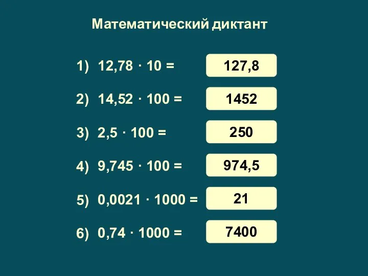 Математический диктант 12,78 · 10 = 14,52 · 100 = 2,5 ·