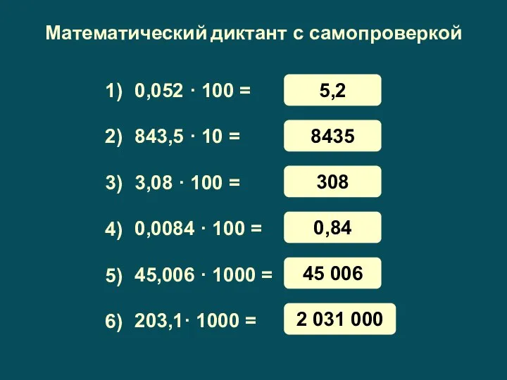 Математический диктант с самопроверкой 0,052 · 100 = 843,5 · 10 =
