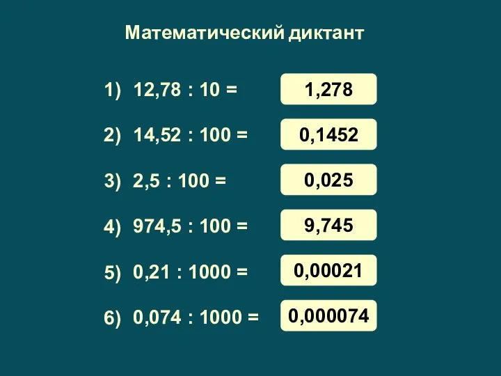 Математический диктант 12,78 : 10 = 14,52 : 100 = 2,5 :