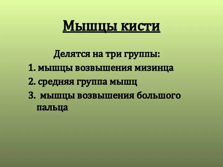 Мышцы кисти Делятся на три группы: 1. мышцы возвышения мизинца 2. средняя