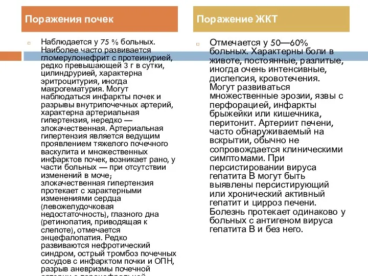 Наблюдается у 75 % больных. Наиболее часто развивается гломерулонефрит с протеинурией, редко