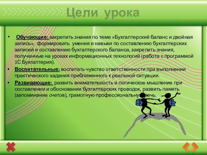 Цели урока Обучающие: закрепить знания по теме «Бухгалтерский баланс и двойная запись»,