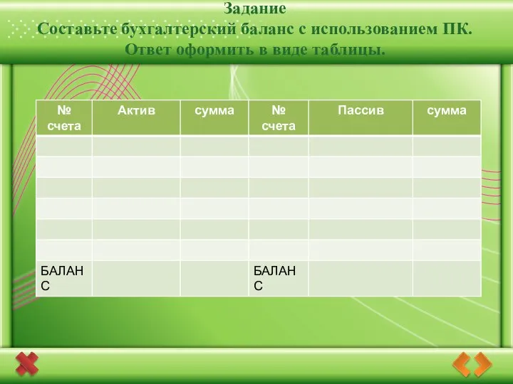 А Задание Составьте бухгалтерский баланс с использованием ПК. Ответ оформить в виде таблицы.